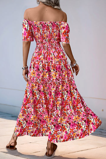 Fuchsia Floral Off the Shoulder A Line Summer Dress